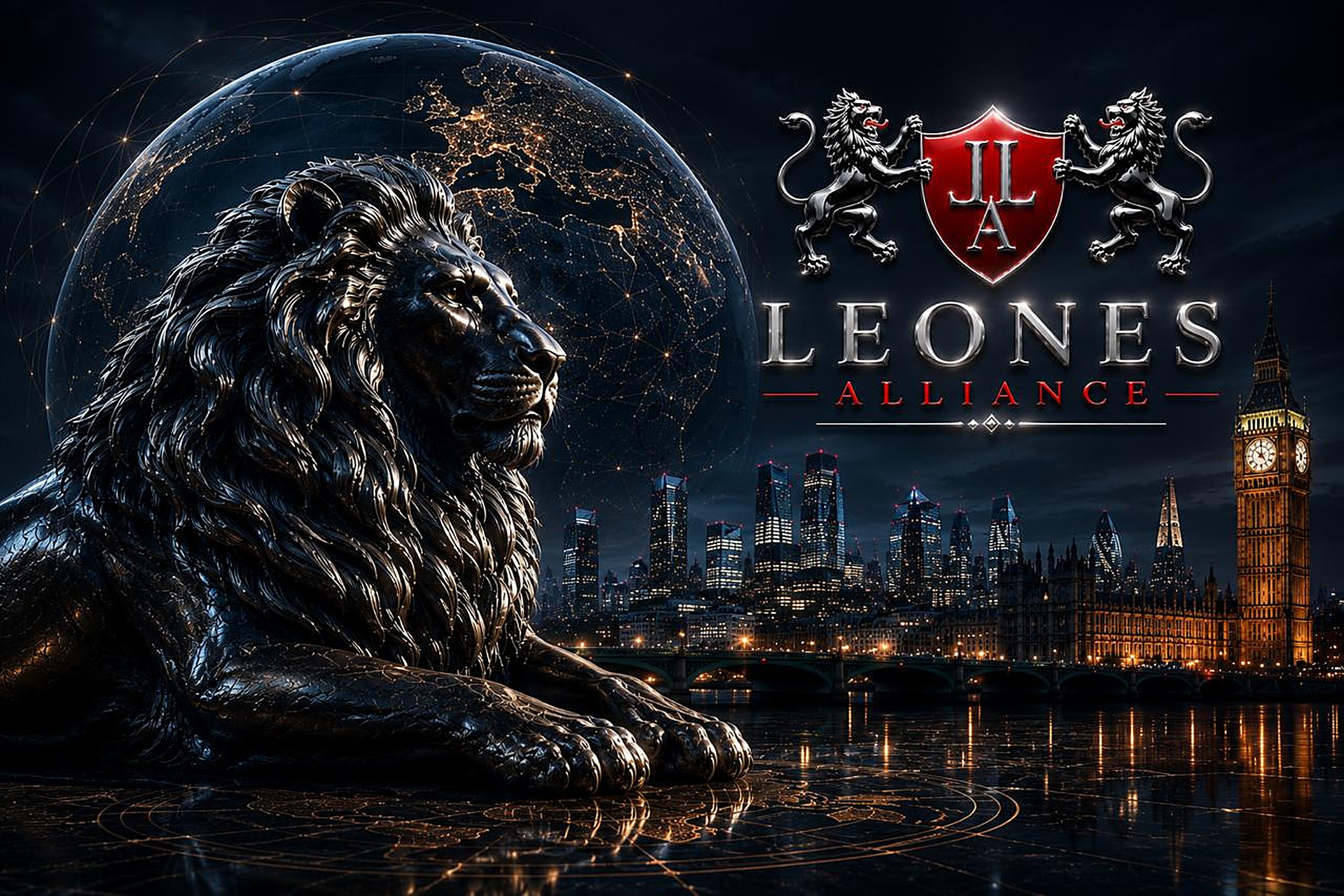 The Leones Alliance bronze lion before a luminous globe and the London skyline, beneath the firm's heraldic crest.